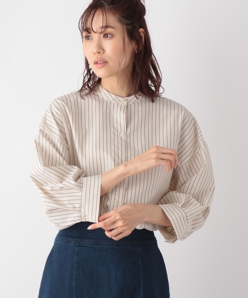 GLOBAL WORK（グローバルワーク）の「サラサラリネンライクシャツ6分袖/189419（シャツ/ブラウス・レディース・ストライプ/アイボリー/グリーン/ラベンダー・FREE）」の4枚目の写真