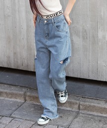 サイドブロークンストレートデニムパンツ