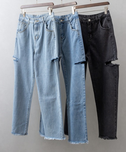 SpRay(スプレイ)の「サイドブロークンストレートデニムパンツ(デニムパンツ・レディース・ブルー系その他/ライトブルー/ブラック・MEDIUM/LARGE)」の4枚目の写真