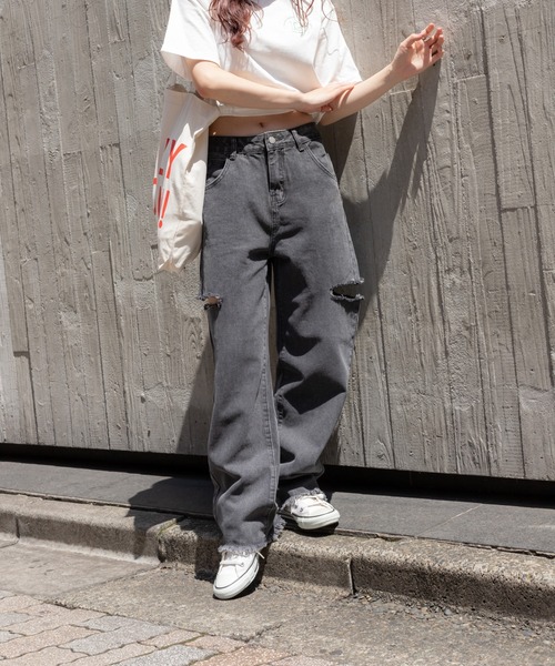 SpRay(スプレイ)の「サイドブロークンストレートデニムパンツ(デニムパンツ・レディース・ブルー系その他/ライトブルー/ブラック・MEDIUM/LARGE)」の5枚目の写真