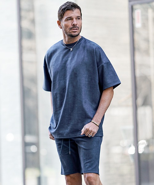 SOMEDIFF(サムディフ)の「【SOMEDIFF】スウェード半袖Tシャツ+ハーフパンツ セットアップ メンズ ビッグシルエット tシャツ ルーズシルエット ショーツ ロゴ 春服(セットアップ・メンズ・グレー/ベージュ/ホワイト/ブラック/ブルー・XL/L/M)」の5枚目の写真