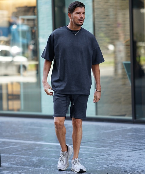 SOMEDIFF(サムディフ)の「【SOMEDIFF】スウェード半袖Tシャツ+ハーフパンツ セットアップ メンズ ビッグシルエット tシャツ ルーズシルエット ショーツ ロゴ 春服(セットアップ・メンズ・グレー/ベージュ/ホワイト/ブラック/ブルー・XL/L/M)」の6枚目の写真