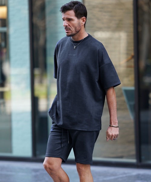 SOMEDIFF(サムディフ)の「【SOMEDIFF】スウェード半袖Tシャツ+ハーフパンツ セットアップ メンズ ビッグシルエット tシャツ ルーズシルエット ショーツ ロゴ 春服(セットアップ・メンズ・グレー/ベージュ/ホワイト/ブラック/ブルー・XL/L/M)」の7枚目の写真