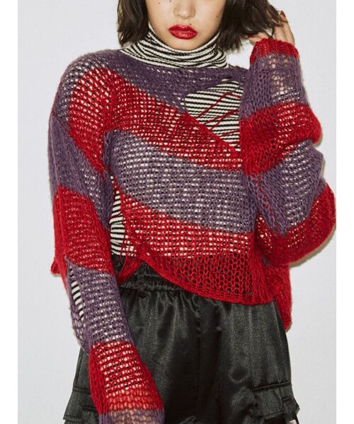 jouetie（ジュエティ）の「ローゲージクロップドニット（ニット/セーター・レディース・ブラック/パープル/アイボリー・MEDIUM）」の3枚目の写真