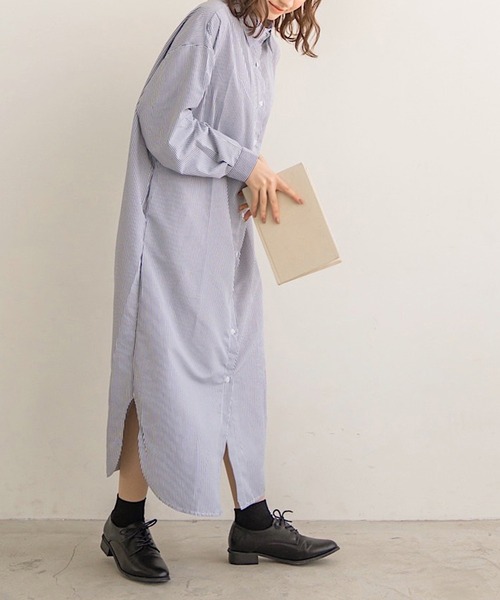 chocomee（チョコミー）の「ストライプシャツワンピース/striped shirt one-piece（シャツワンピース・レディース・ブラック/ブルー・FREE）」の5枚目の写真