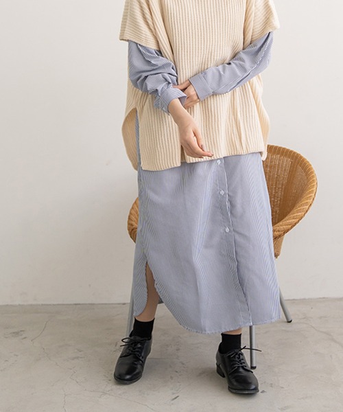 chocomee（チョコミー）の「ストライプシャツワンピース/striped shirt one-piece（シャツワンピース・レディース・ブラック/ブルー・FREE）」の13枚目の写真