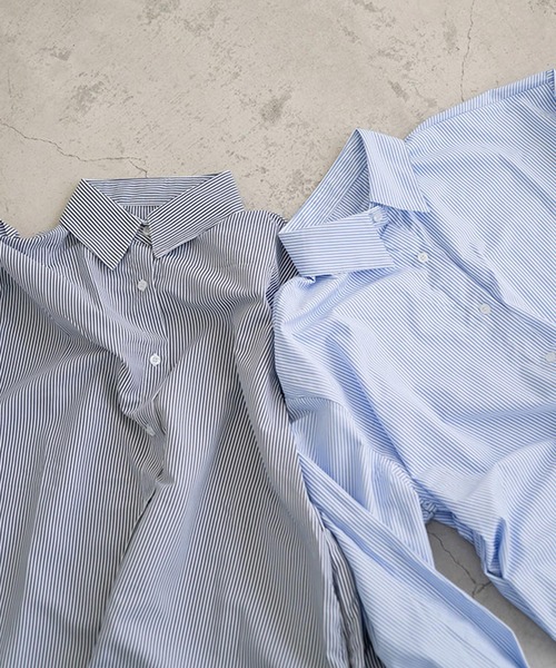 chocomee（チョコミー）の「ストライプシャツワンピース/striped shirt one-piece（シャツワンピース・レディース・ブラック/ブルー・FREE）」の14枚目の写真