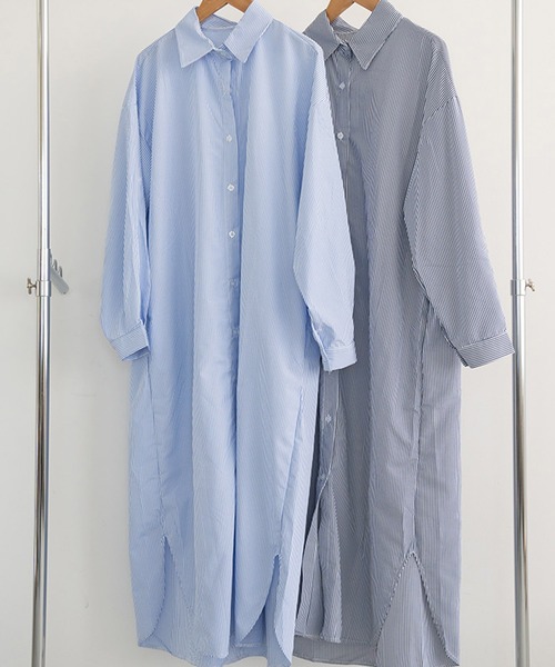 chocomee（チョコミー）の「ストライプシャツワンピース/striped shirt one-piece（シャツワンピース・レディース・ブラック/ブルー・FREE）」の11枚目の写真