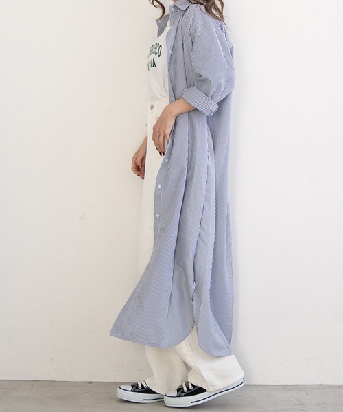 chocomee（チョコミー）の「ストライプシャツワンピース/striped shirt one-piece（シャツワンピース・レディース・ブラック/ブルー・FREE）」の16枚目の写真