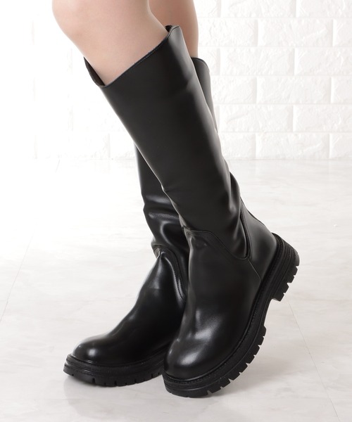セール】レザー調ラウンドトゥベーシックロングブーツ（ブーツ）｜Lace