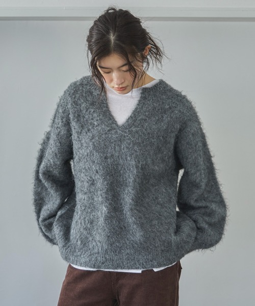 ﹆　pニット　グレー セール】【ハンドウォッシャブル】ウール混起毛キーネックニット