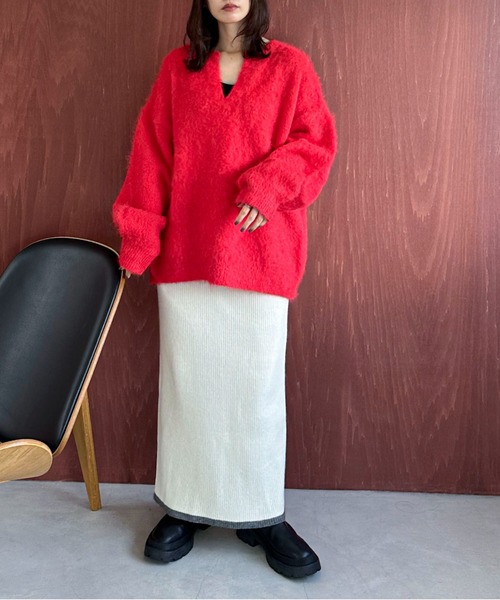 セール】【ハンドウォッシャブル】ウール混起毛キーネックニット