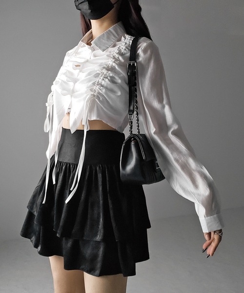 me+em select（ミームセレクト）の「【 ２color 】ダブルフリルハイウエストフレアミニスカート（スカート・レディース・ブラック/アイボリー・FREE）」の9枚目の写真