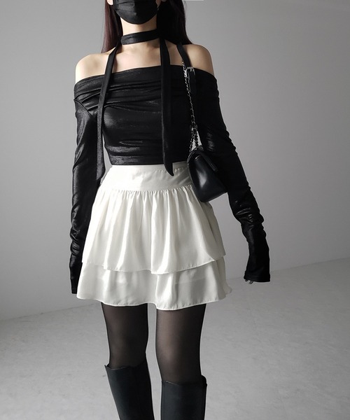 me+em select（ミームセレクト）の「【 ２color 】ダブルフリルハイウエストフレアミニスカート（スカート・レディース・ブラック/アイボリー・FREE）」の18枚目の写真