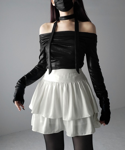 me+em select（ミームセレクト）の「【 ２color 】ダブルフリルハイウエストフレアミニスカート（スカート・レディース・ブラック/アイボリー・FREE）」の19枚目の写真