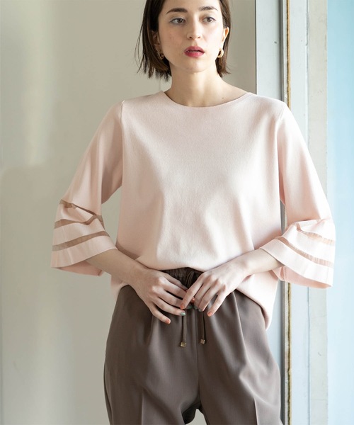 OPAQUE.CLIP（オペークドットクリップ）の「◆≪エマール検証済≫シアーボーダーフレアスリーブニット【洗濯機洗い可】（ニット/セーター・レディース・ブルー/ライトグレー/ピンク/ブラック/オフホワイト・38/40/36/42）」の5枚目の写真