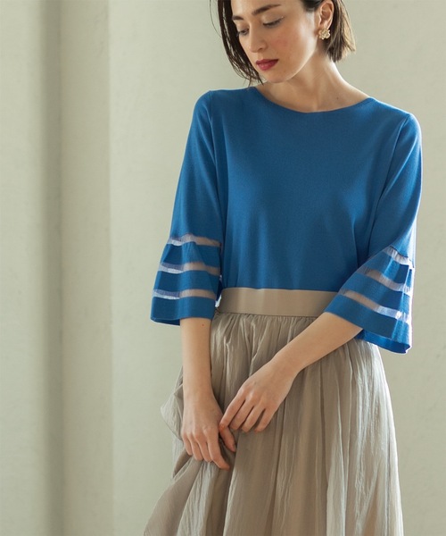 OPAQUE.CLIP（オペークドットクリップ）の「◆≪エマール検証済≫シアーボーダーフレアスリーブニット【洗濯機洗い可】（ニット/セーター・レディース・ブルー/ライトグレー/ピンク/ブラック/オフホワイト・38/40/36/42）」の4枚目の写真