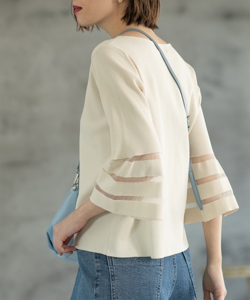 OPAQUE.CLIP（オペークドットクリップ）の「◆≪エマール検証済≫シアーボーダーフレアスリーブニット【洗濯機洗い可】（ニット/セーター・レディース・ブルー/ライトグレー/ピンク/ブラック/オフホワイト・38/40/36/42）」の11枚目の写真