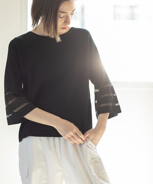 OPAQUE.CLIP（オペークドットクリップ）の「◆≪エマール検証済≫シアーボーダーフレアスリーブニット【洗濯機洗い可】（ニット/セーター・レディース・ブルー/ライトグレー/ピンク/ブラック/オフホワイト・38/40/36/42）」の19枚目の写真