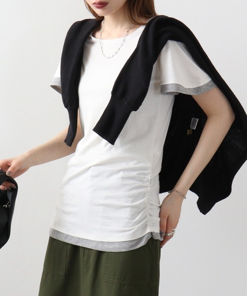 atONE(アットワン)の「atONE フレアー袖シャーリングカットソー(Tシャツ/カットソー・レディース・杢グレー/ブラック/ブルーグリーン/ホワイト/ネイビー・3L/L/LL/4L/M)」の1枚目の写真