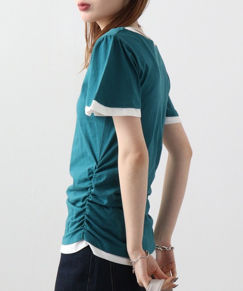 atONE(アットワン)の「atONE フレアー袖シャーリングカットソー(Tシャツ/カットソー・レディース・杢グレー/ブラック/ブルーグリーン/ホワイト/ネイビー・3L/L/LL/4L/M)」の5枚目の写真