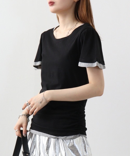 atONE(アットワン)の「atONE フレアー袖シャーリングカットソー(Tシャツ/カットソー・レディース・杢グレー/ブラック/ブルーグリーン/ホワイト/ネイビー・3L/L/LL/4L/M)」の2枚目の写真