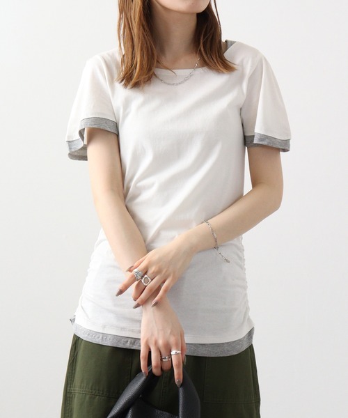 atONE(アットワン)の「atONE フレアー袖シャーリングカットソー(Tシャツ/カットソー・レディース・杢グレー/ブラック/ブルーグリーン/ホワイト/ネイビー・3L/L/LL/4L/M)」の11枚目の写真
