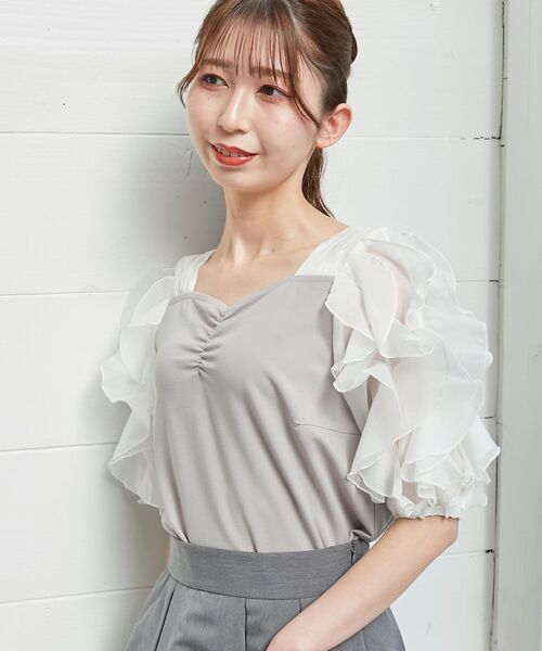 MAJESTIC LEGON(マジェスティックレゴン)の「シアーフリルスリーブトップス(Tシャツ/カットソー・レディース・ピンク/グレー/オフホワイト・MEDIUM)」の5枚目の写真