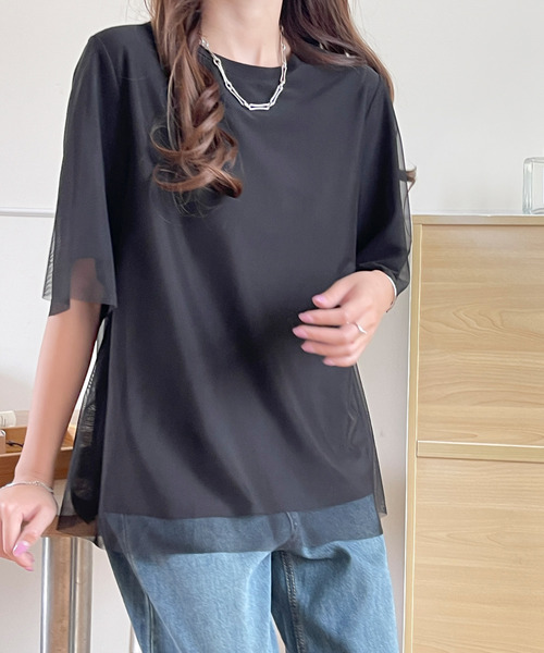 BANNER SELECT(バナーセレクト)の「チュールドッキングTEE(Tシャツ/カットソー・レディース・ブラック/ブルーグレー/ベージュ・L/M/S)」の2枚目の写真
