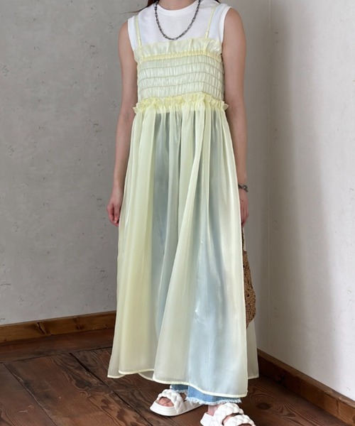 Per sist ence（パーシエンス）の「ラメオーガンジーシャーリングキャミワンピース（ワンピース・レディース・ブラック/イエロー/グレー/オフホワイト・FREE）」の10枚目の写真