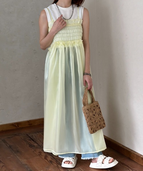 Per sist ence（パーシエンス）の「ラメオーガンジーシャーリングキャミワンピース（ワンピース・レディース・ブラック/イエロー/グレー/オフホワイト・FREE）」の17枚目の写真