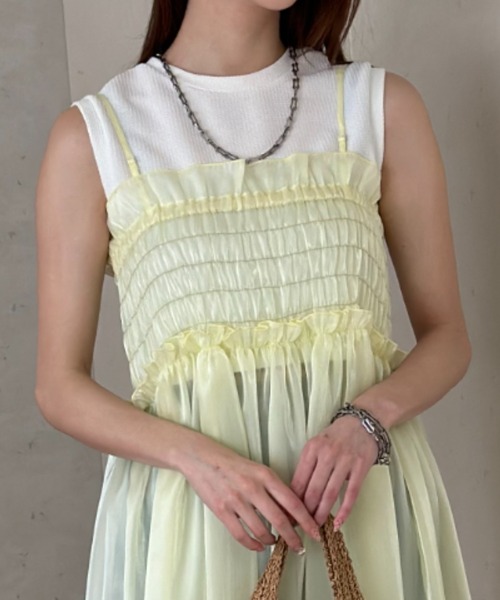 Per sist ence（パーシエンス）の「ラメオーガンジーシャーリングキャミワンピース（ワンピース・レディース・ブラック/イエロー/グレー/オフホワイト・FREE）」の18枚目の写真