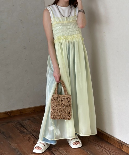 Per sist ence（パーシエンス）の「ラメオーガンジーシャーリングキャミワンピース（ワンピース・レディース・ブラック/イエロー/グレー/オフホワイト・FREE）」の19枚目の写真