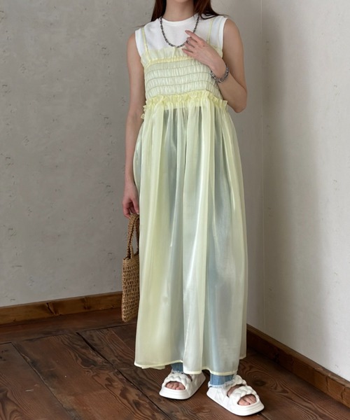 Per sist ence（パーシエンス）の「ラメオーガンジーシャーリングキャミワンピース（ワンピース・レディース・ブラック/イエロー/グレー/オフホワイト・FREE）」の22枚目の写真