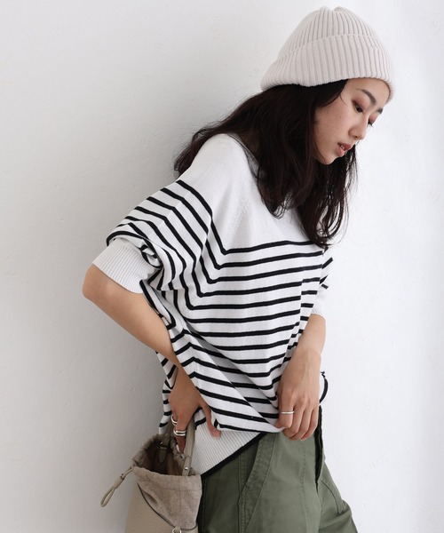 ElegChic（エレグシック）の「パネルボーダードルマンニット（ニット/セーター・レディース・ブラック/オフホワイト/ネイビー・M/XL/4L）」の2枚目の写真