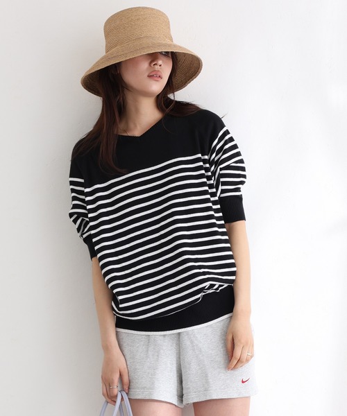 ElegChic（エレグシック）の「パネルボーダードルマンニット（ニット/セーター・レディース・ブラック/オフホワイト/ネイビー・M/XL/4L）」の7枚目の写真