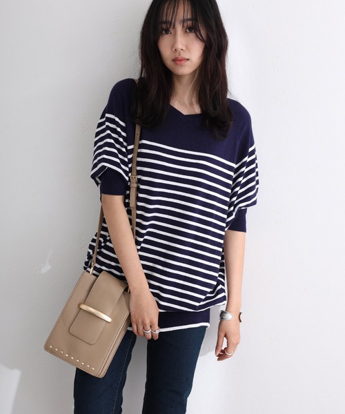 ElegChic（エレグシック）の「パネルボーダードルマンニット（ニット/セーター・レディース・ブラック/オフホワイト/ネイビー・M/XL/4L）」の8枚目の写真