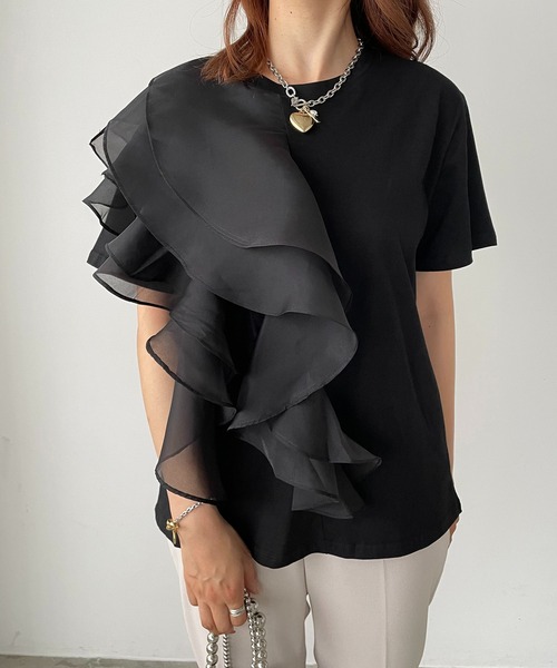 antic rag（アンティックラグ）の「オーガンジーフリルTシャツ（Tシャツ/カットソー・レディース・ホワイト/ブラック・FREE）」の2枚目の写真