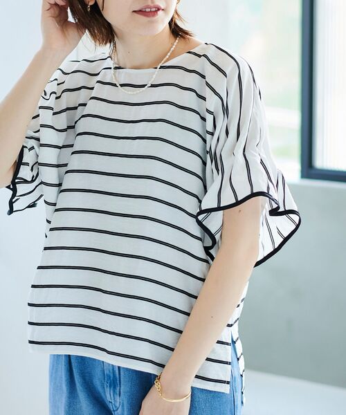 le.coeur blanc（ルクールブラン）の「ドビーボーダーギャザーブラウス（シャツ/ブラウス・レディース・ホワイト系その他/オレンジ系その他/ブラック系その他・38）」の2枚目の写真