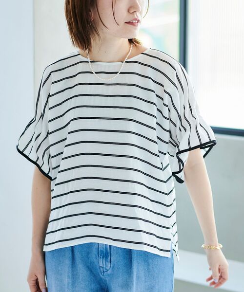 le.coeur blanc（ルクールブラン）の「ドビーボーダーギャザーブラウス（シャツ/ブラウス・レディース・ホワイト系その他/オレンジ系その他/ブラック系その他・38）」の6枚目の写真