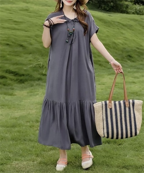 セール】リボンネック 裾切り替え フレンチスリーブワンピース  