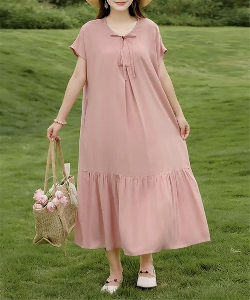 セール】リボンネック 裾切り替え フレンチスリーブワンピース  