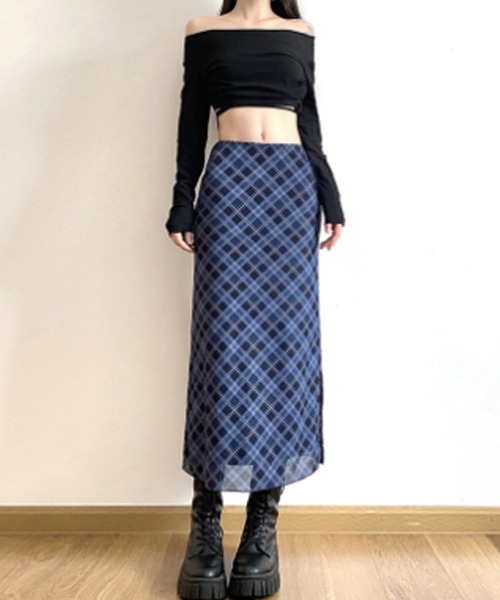 ROOPTOKYO(ループトウキョウ)の「チェックIラインロングスカート 2026年春夏(スカート・レディース・ネイビー・L/M)」の1枚目の写真