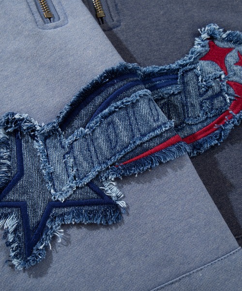 HOOK(フック)の「HOOK -original- アメカジパッチ刺繍デニム風ウォッシュハーフジップ(スウェット・メンズ・ライトブルー/インディゴブルー・L/M/XL)」の10枚目の写真