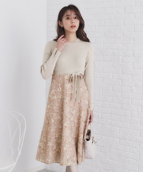 新品✨EPOCA　ニット＆ラメツイードドッキングワンピース　アイボリー×ベージュ index（インデックス）の「ラメニット×フラワージャカード ドッキング