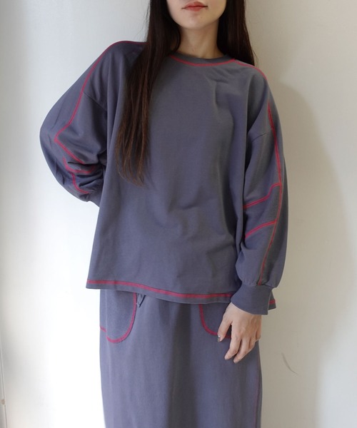 CORNERS by KR（コーナーズバイケーアール）の「【CORNERS by KR】裏毛配色ステッチプルオーバー（Tシャツ/カットソー・レディース・ブラック/ブルーグレー/オートミール/杢グレー・FREE）」の15枚目の写真