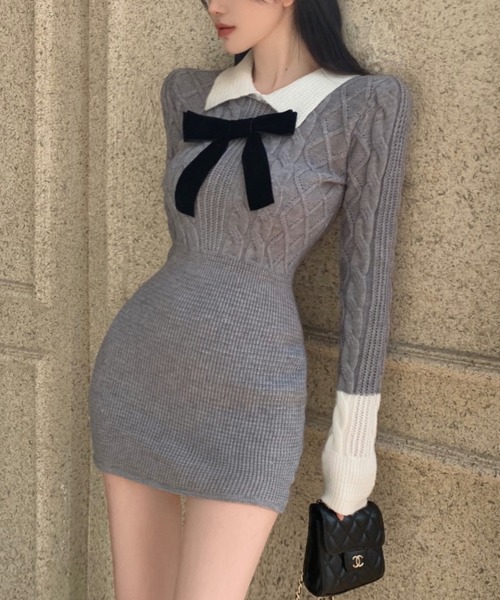 GEMEDA(ジェメダ)の「蝶々結びフロント ミニニットワンピース(ワンピース・レディース・ピンク/グレー・M)」の4枚目の写真