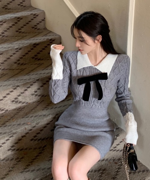 【プップ さま】antique doll ❀ 白いニットワンピースのミニョネット miniministore ニットワンピース ミニ タイトワンピース