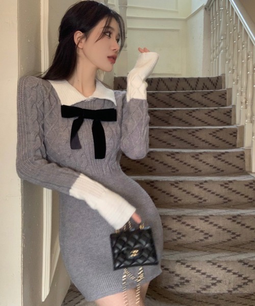 セール】蝶々結びフロント ミニニットワンピース（ワンピース