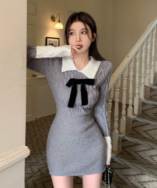 GEMEDA(ジェメダ)の「蝶々結びフロント ミニニットワンピース(ワンピース・レディース・ピンク/グレー・M)」の11枚目の写真